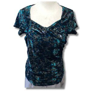 REITMANS Black teal burnout velvet short-sleeve top ~ Vintage SMALL MEDIUM shirt